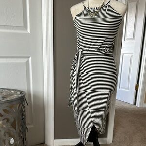 Striped Olive green and White Halter wrap Dress nwt small
